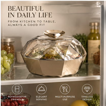 Separated faceted clear lid, round inner bowl and geometric outer base