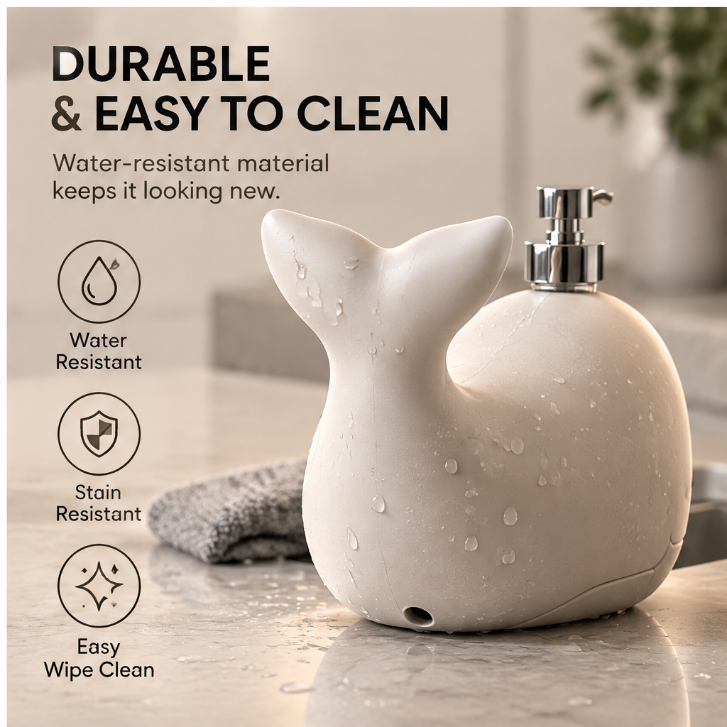 Close-up of soap pump dispensing liquid beside the whale-shaped holder