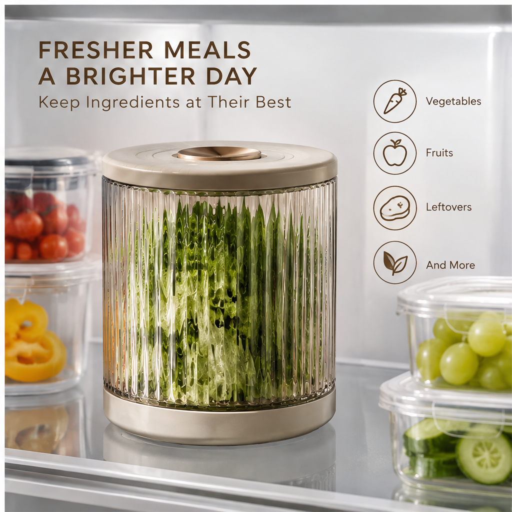 Ribbed cylindrical food storage jar holding leafy greens on a refrigerator shelf