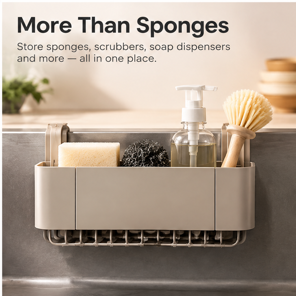 Cream-coloured hanging sink caddy holding a sponge and scrubber above the sink basin