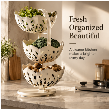 Cream-coloured three-tier produce rack with petal-inspired openwork baskets holding vegetables