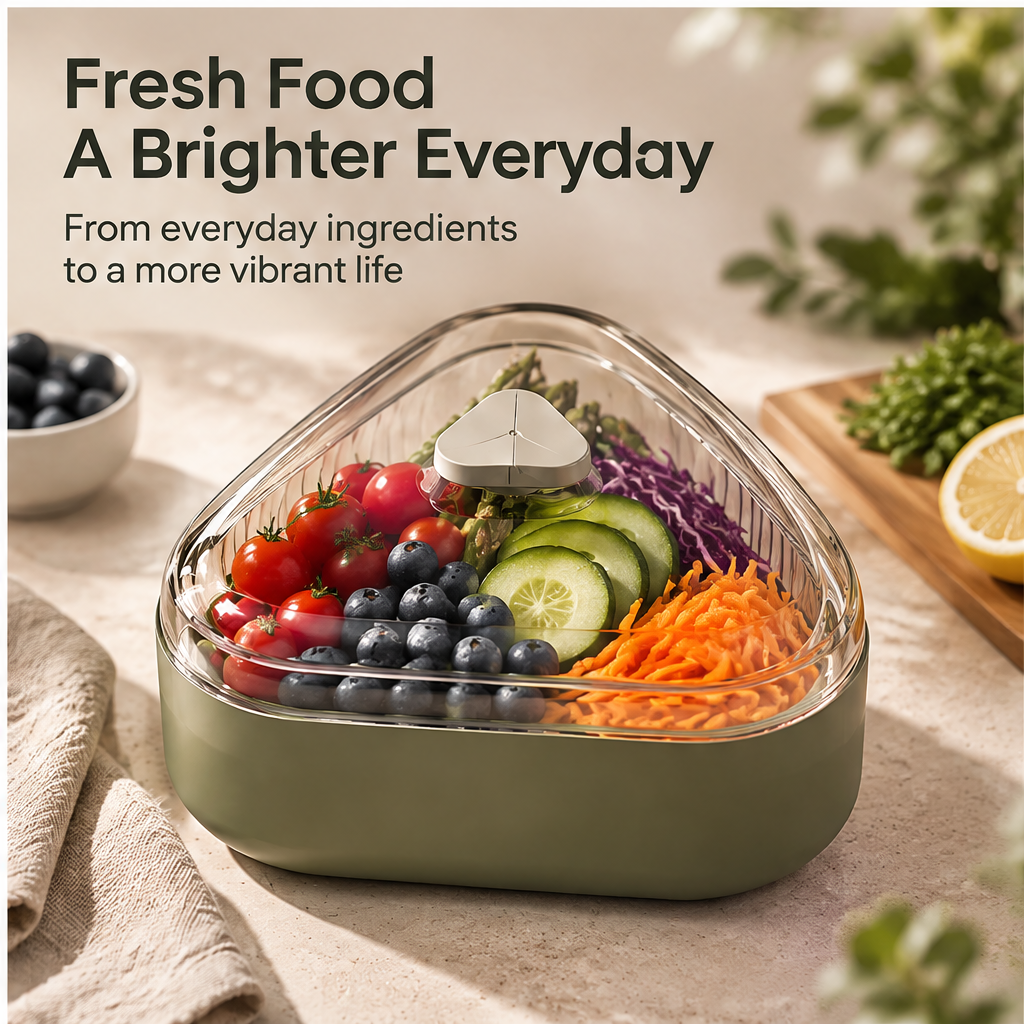Triangular food container holding colourful salad ingredients
