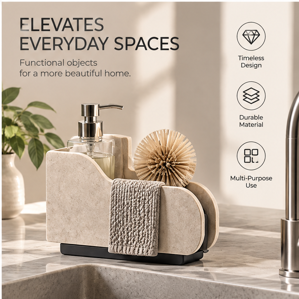Overhead view showing soap dispenser compartment, brush holder and towel rail