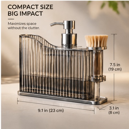 Translucent ribbed sink caddy with soap pump and side dish brush holder
